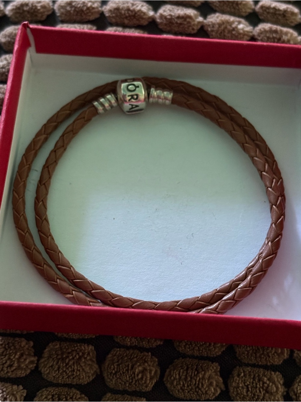 Pandora Braided Brown Leather Double Wrap Bracelet with Silver Clasp